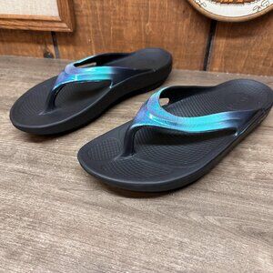 OOFOS OOlala Blue Metallic Recovery Flip Flop Sandals Womens Size 10 US/41EU